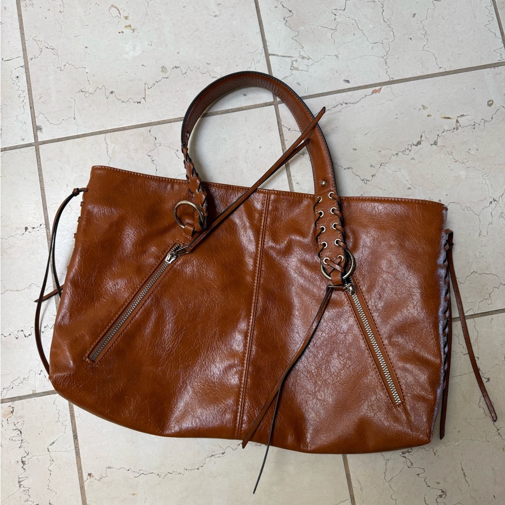 Zara Cognac Brown Leather Tote with Grommet Straps